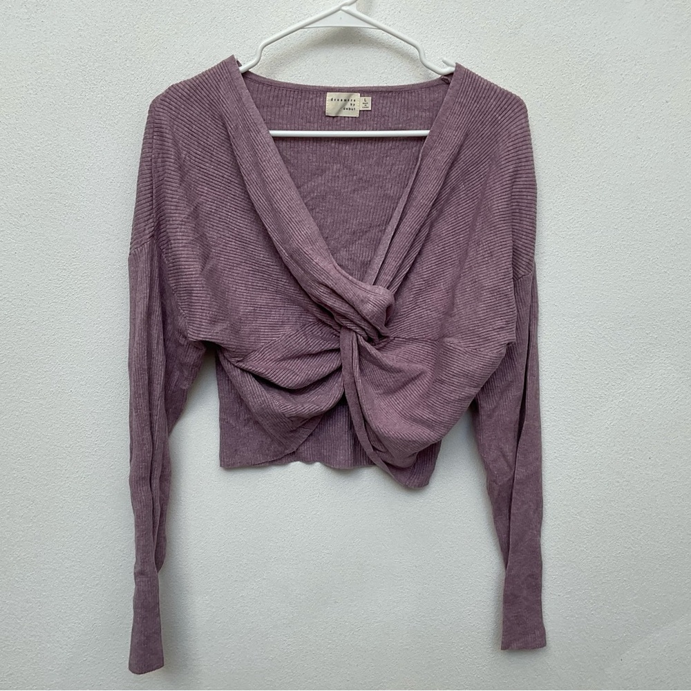 Dreamers By Debut Light Purple Twist Front Long Sleeve Cropped Sweater Large